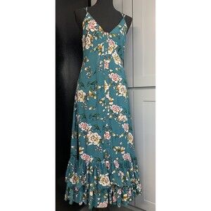 Vacate The Label Maxi Dress Small Green Floral Ruffle Hem Straps Cottagecore